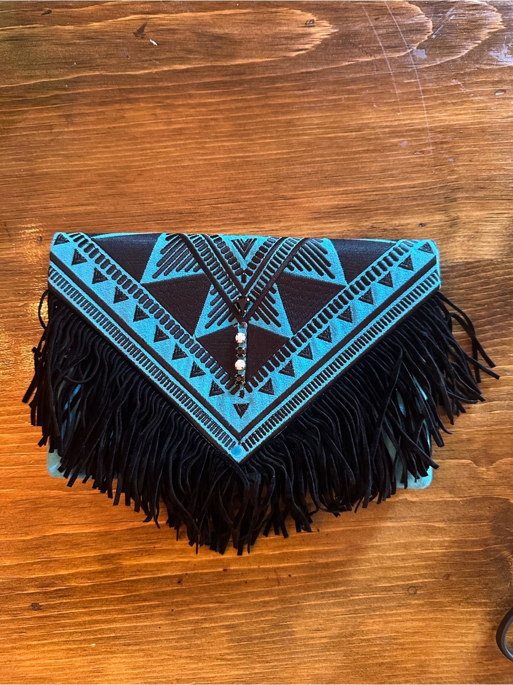 Shiraleah Charro Clutch Turquoise Black Fringe Boho Western